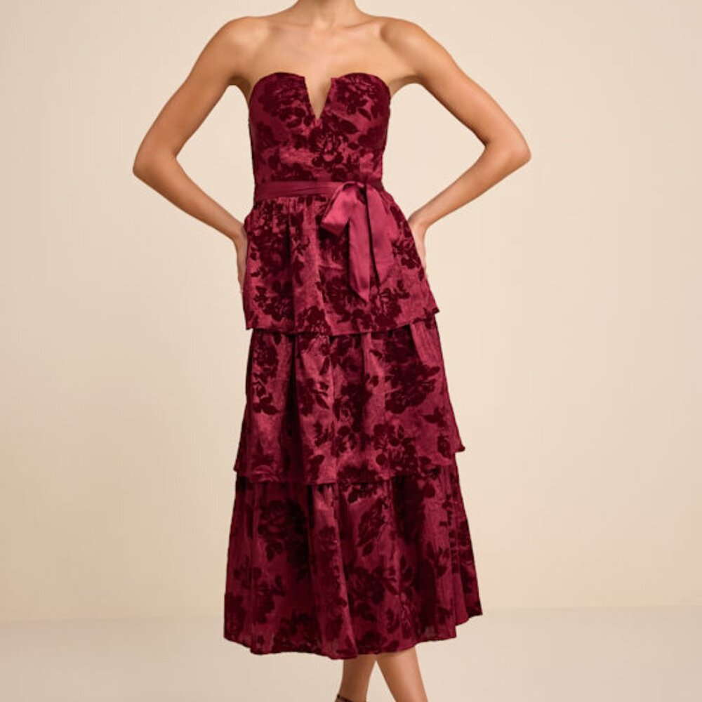 Lulus Dorina Burgundy Shadow Print Strapless Tiered Midi Dress - Size XS